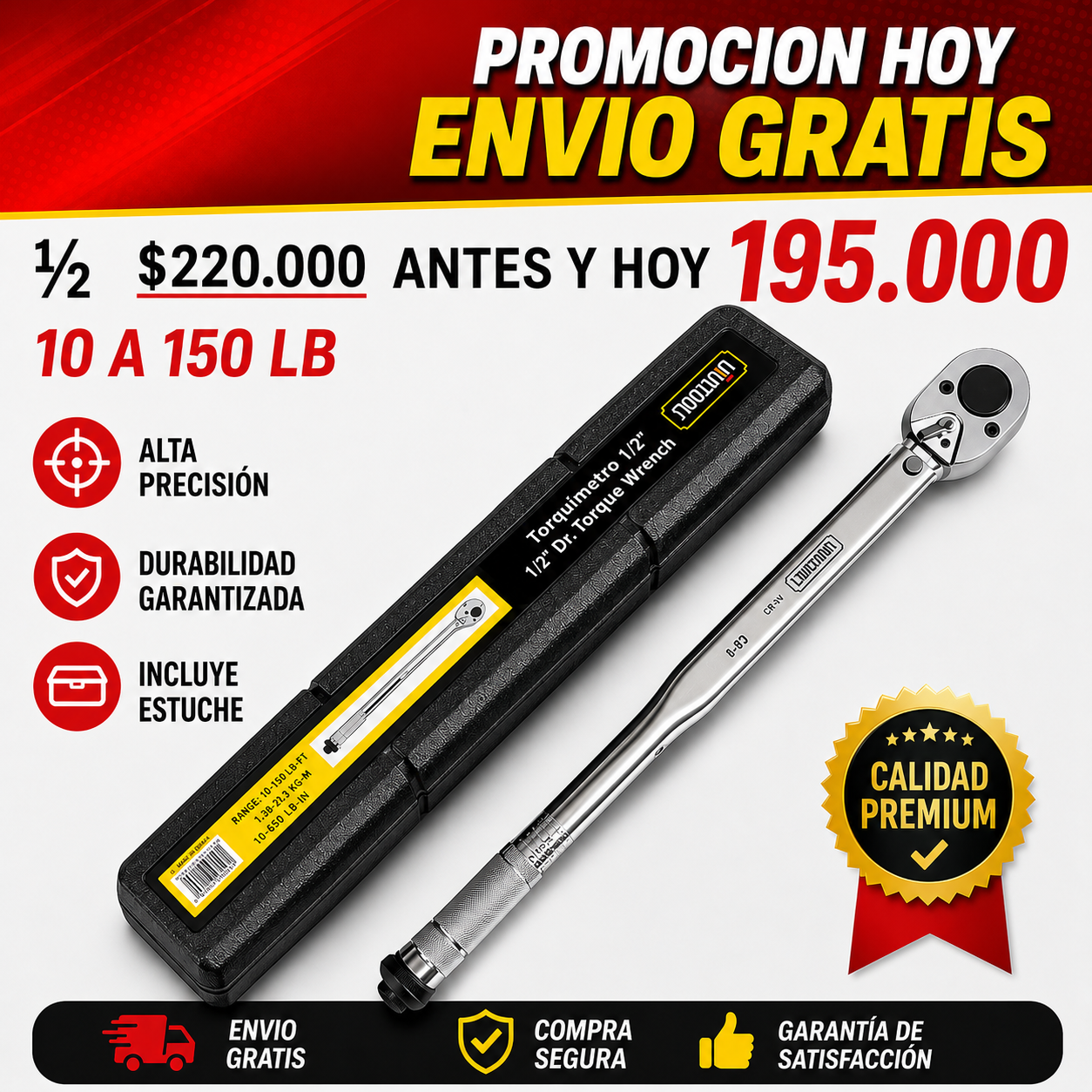 Torquimetro de 1/2" Uyustools 10 A 150 LB ENVIO GRATIS