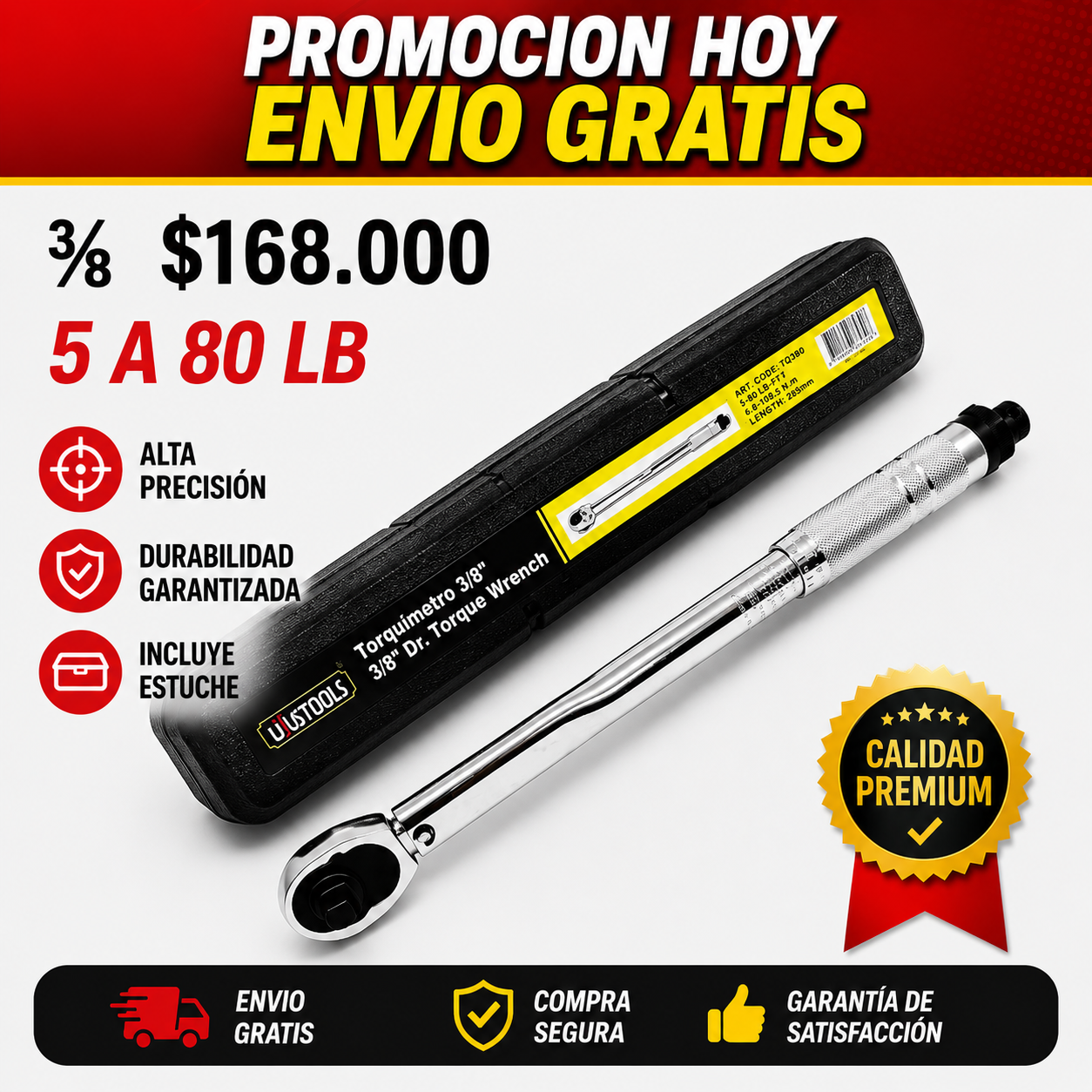 Torquimetro de 3/8 Uyustools 5 A 80 LB ENVIO GRATIS