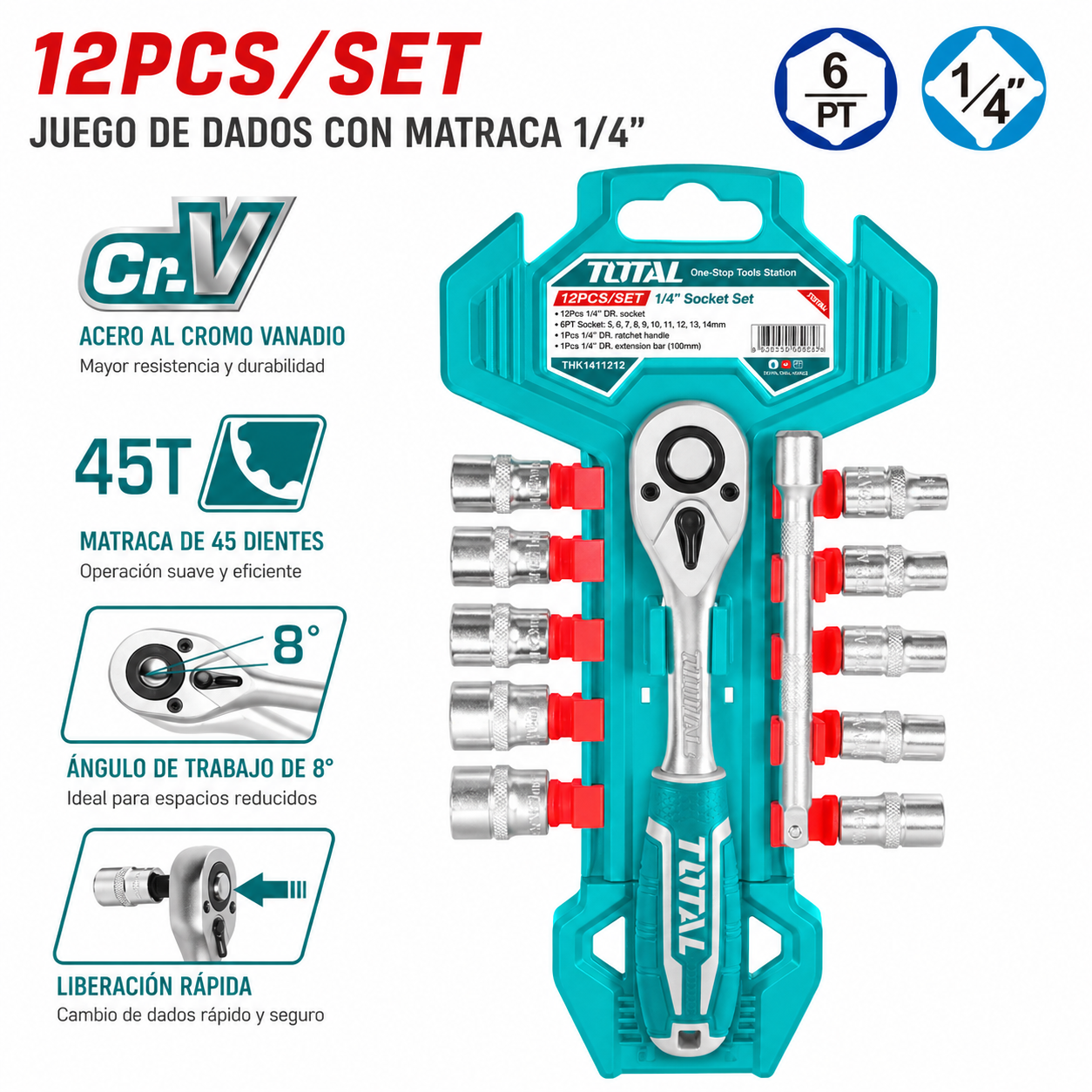 Juego de dados y Ratchet 1/4 de 12 pzas Marca Total