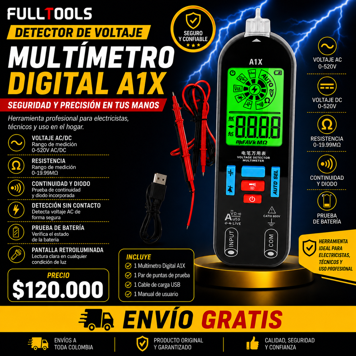 Multímetro Inteligente Autorango Con Detector de Fase Fulltools Coltools Precio Mayorista