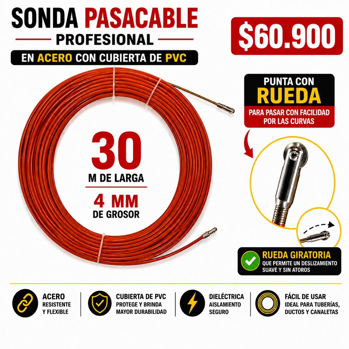 Sonda Pasacable Acero y PCV De 30 M 4 Mm de Grosor Punta Rueda