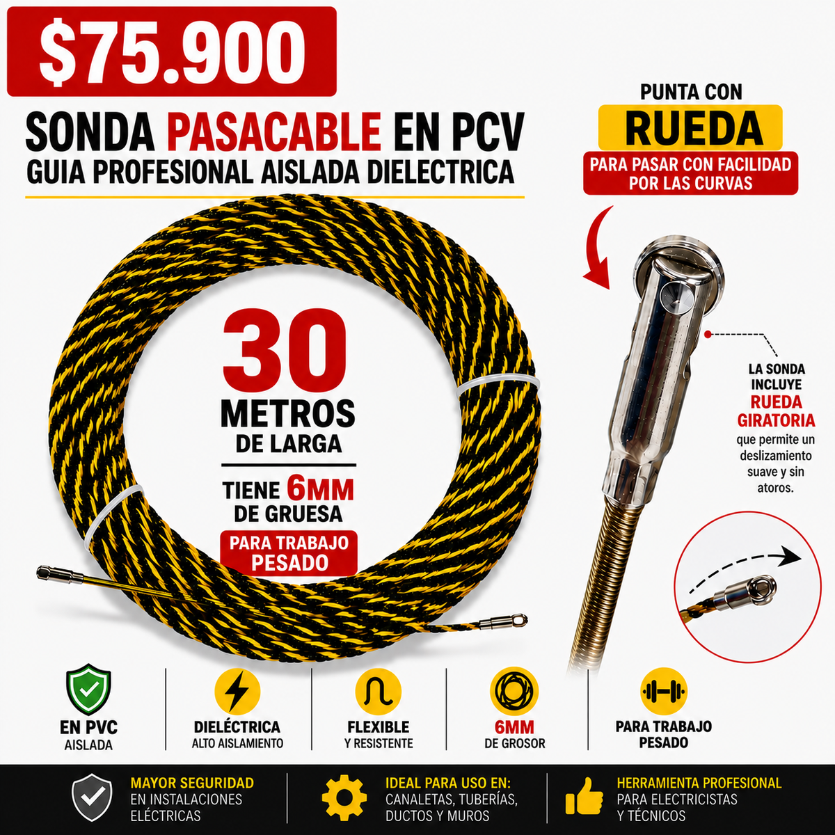 Sonda Pasacable PVC De 30 M 6 Mm de Grosor Punta Rueda