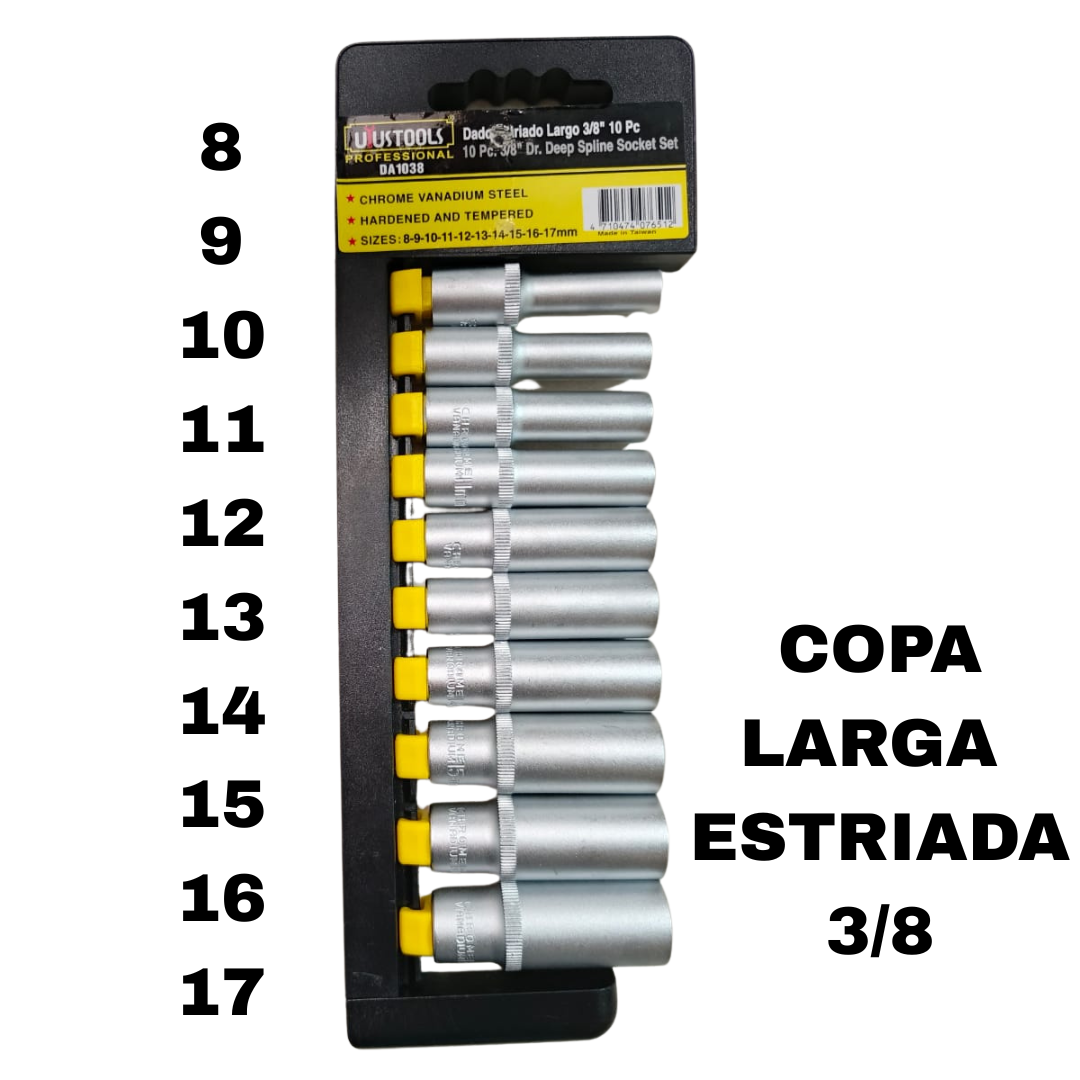 Copa Larga Estriada Juego x 10 Piezas Uyustool 3/8