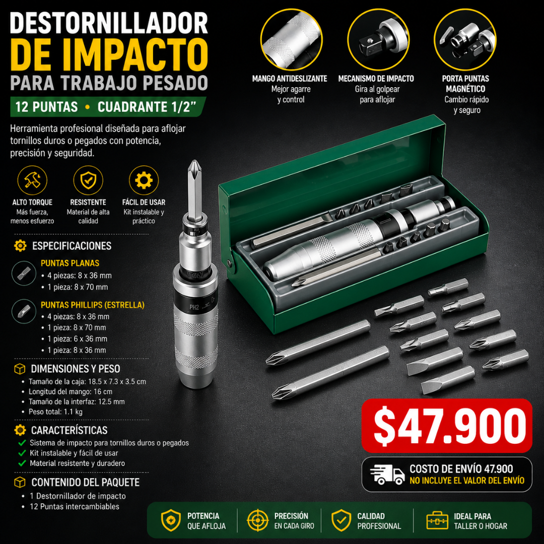 Destornillador De Impacto Para Trabajo Pesado 12 puntas Cuadrante  1/2